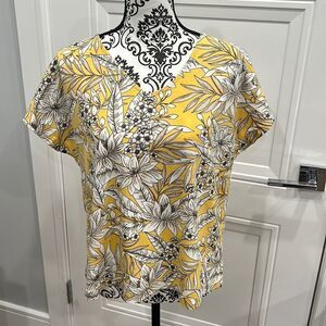 Women's J.Jill Yellow Floral Luxe Supima Cotton Vneck Blouse Short Sleeve MP